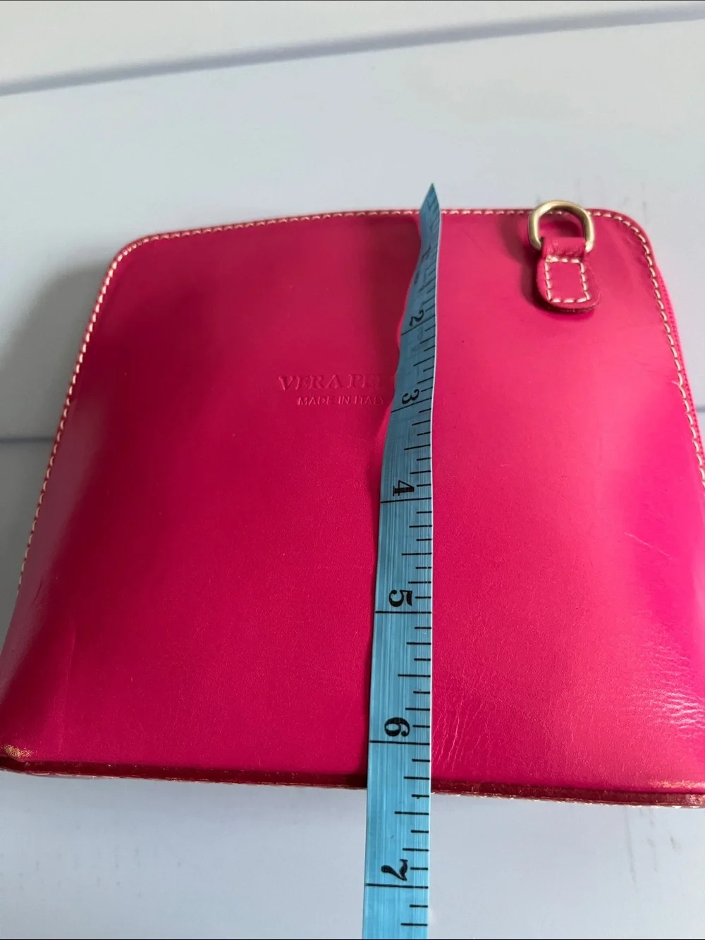 Vera Pelle Bright Pink Leather Wristlet Clutch with Gold Ring
